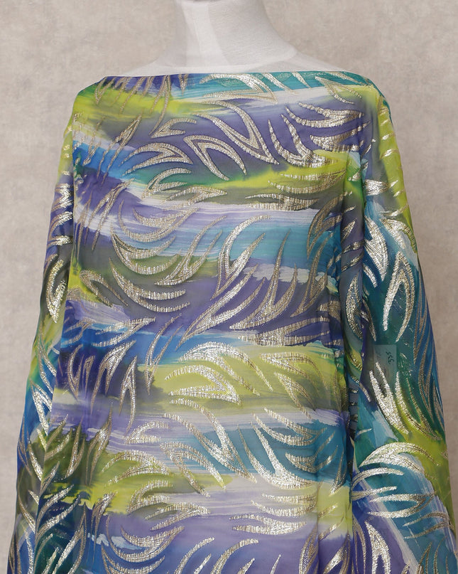 Blue Green Purple Traditional Somali Silk Chiffon Dirac Fabric with Metallic Lurex, 3.5 Mtrs, Width 140 Cms, Made in South Korea-D25049