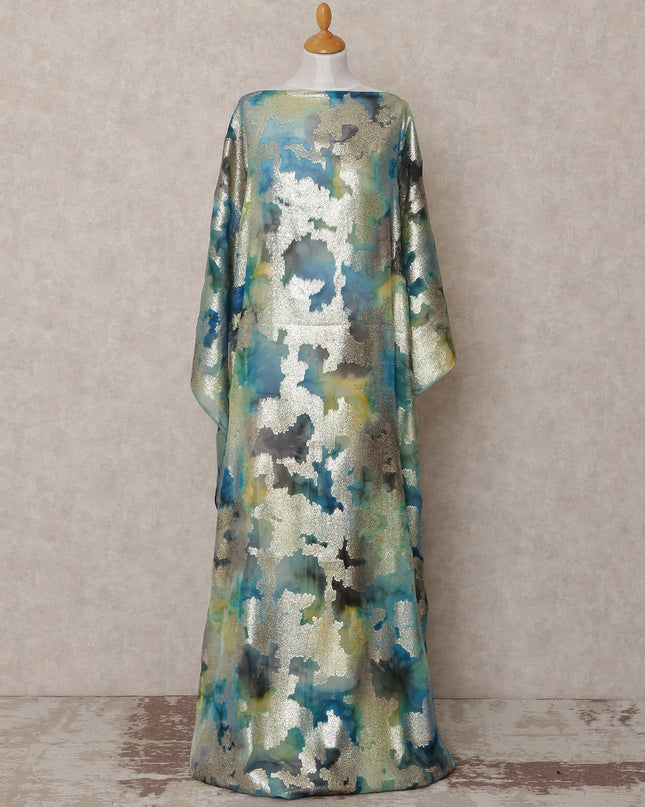 Blue-Green Traditional Somali Silk Chiffon Dirac Fabric with Metallic Lurex, 3.5 Mtrs, Width 140 Cms, Made in South Korea-D25053