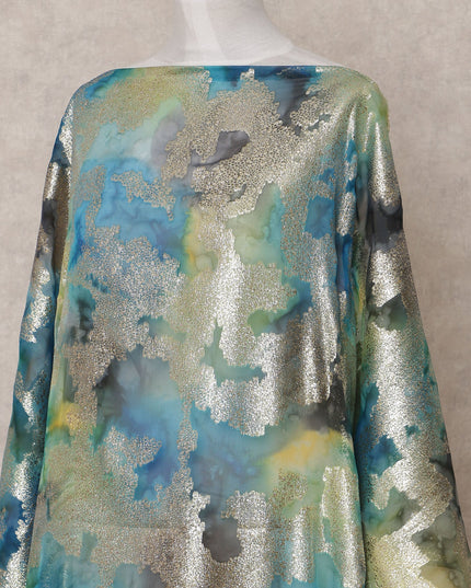 Blue-Green Traditional Somali Silk Chiffon Dirac Fabric with Metallic Lurex, 3.5 Mtrs, Width 140 Cms, Made in South Korea-D25053