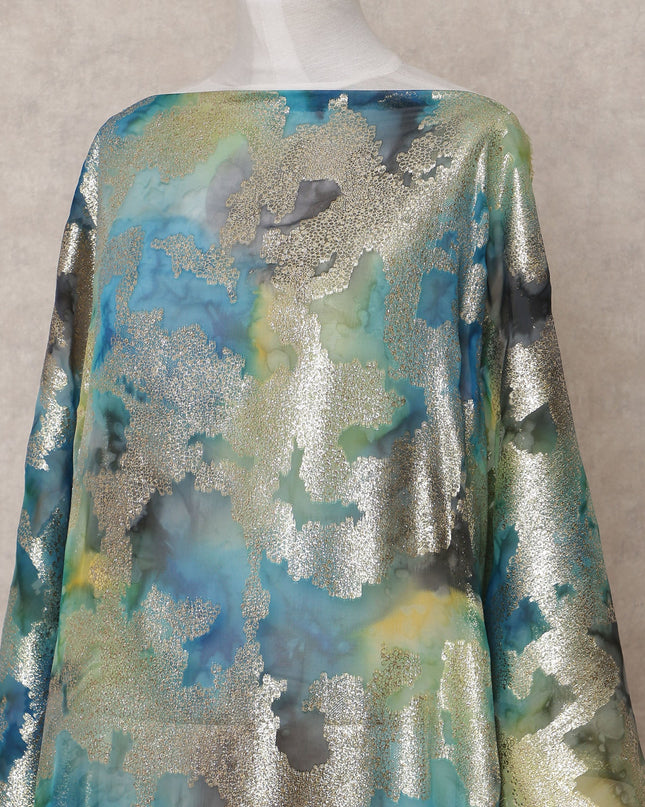 Blue-Green Traditional Somali Silk Chiffon Dirac Fabric with Metallic Lurex, 3.5 Mtrs, Width 140 Cms, Made in South Korea-D25053