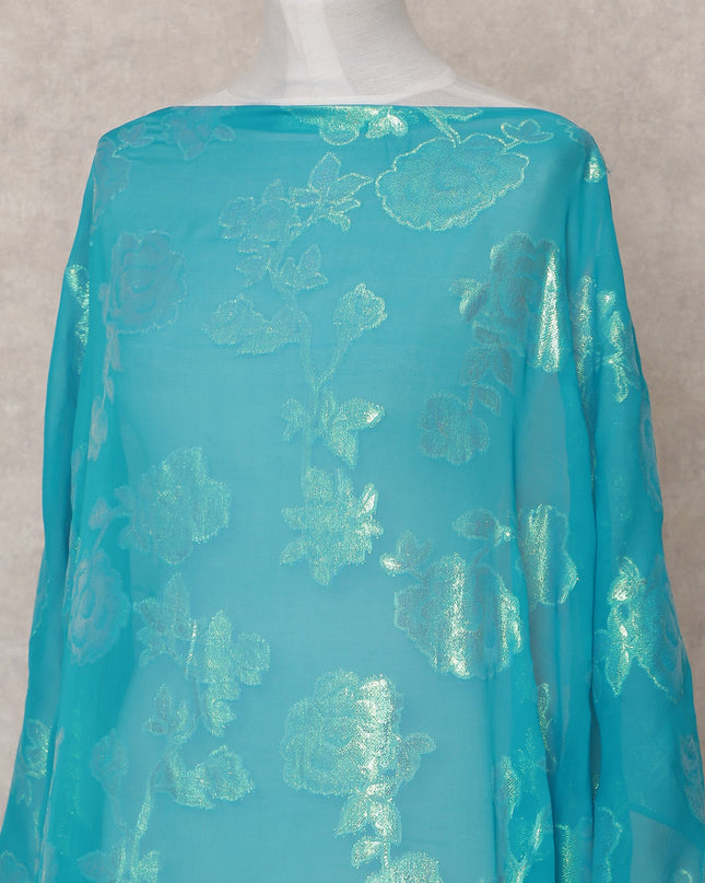 Turquoise Traditional Somali Silk Chiffon Dirac Fabric with Metallic Lurex, 3.5 Mtrs, Width 140 Cms, Made in South Korea-D25059 Regal Fabrics