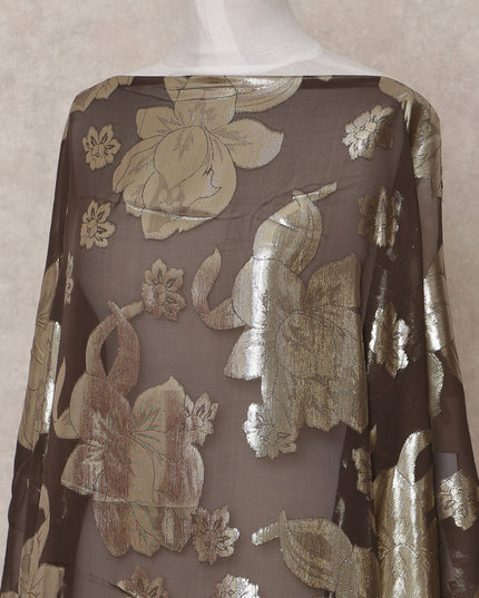 Brown Traditional Somali Silk Chiffon Dirac Fabric with Metallic Lurex, 3.5 Mtrs, Width 140 Cms, Made in South Korea-D25064