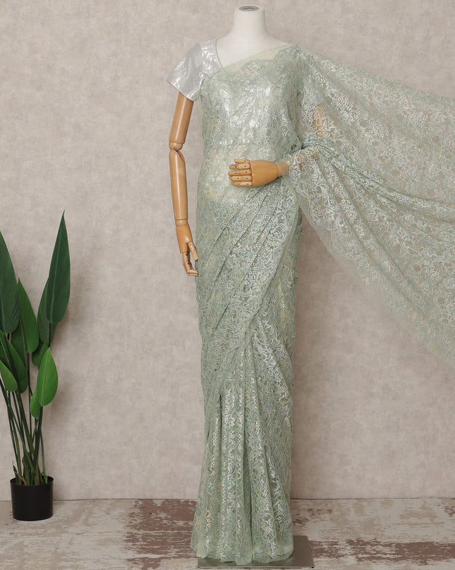 Pastel Green Premium French Metallic Chantilly Lace Saree, 5.5 Mtrs with 110 Cms Width, Imported from France-D25416