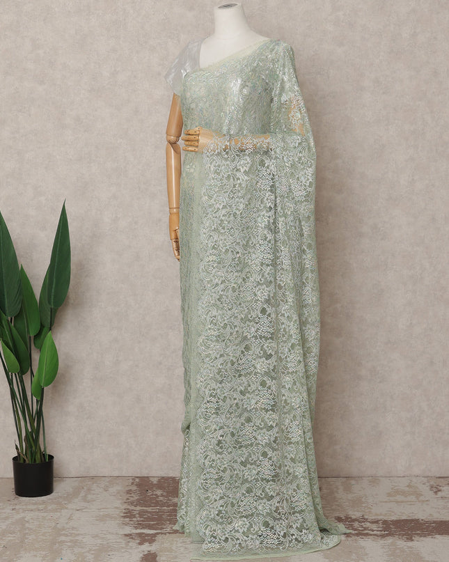 Pastel Green Premium French Metallic Chantilly Lace Saree, 5.5 Mtrs with 110 Cms Width, Imported from France-D25416