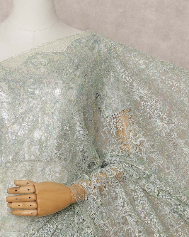 Pastel Green Premium French Metallic Chantilly Lace Saree, 5.5 Mtrs with 110 Cms Width, Imported from France-D25416
