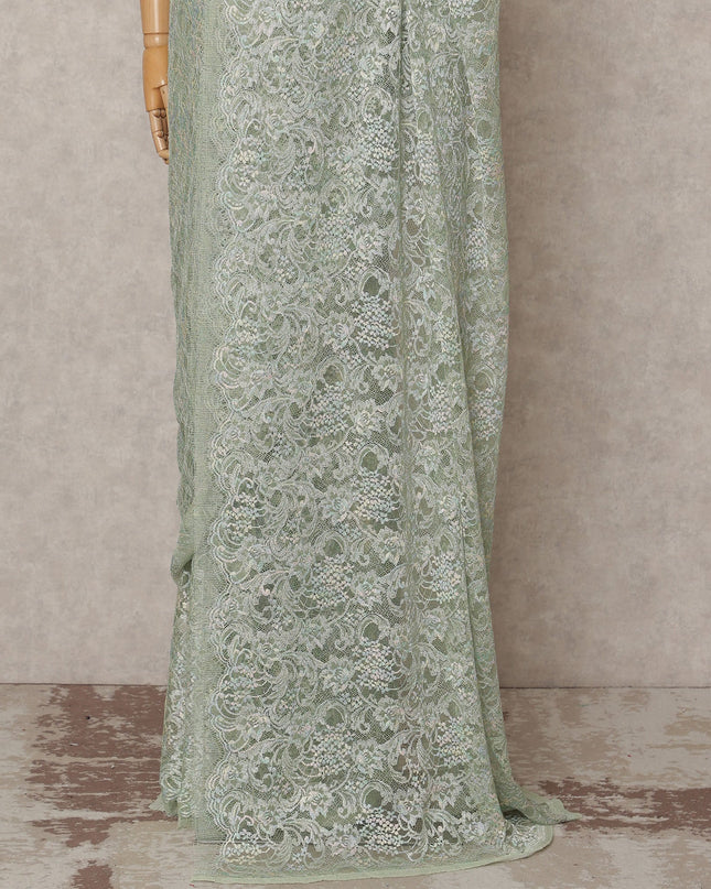 Pastel Green Premium French Metallic Chantilly Lace Saree, 5.5 Mtrs with 110 Cms Width, Imported from France-D25416