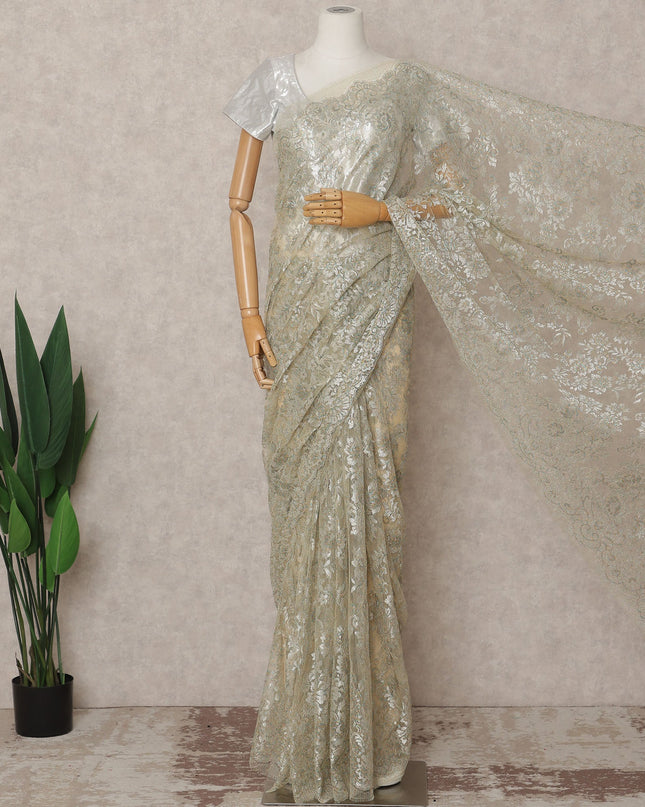 Olive Beige Premium French Metallic Chantilly Lace Saree, 5.5 Mtrs with 110 Cms Width, Imported from France-D25419 Regal Fabrics
