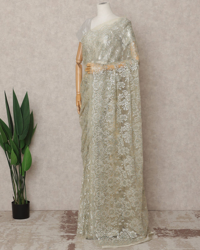 Olive Beige Premium French Metallic Chantilly Lace Saree, 5.5 Mtrs with 110 Cms Width, Imported from France-D25419 Regal Fabrics