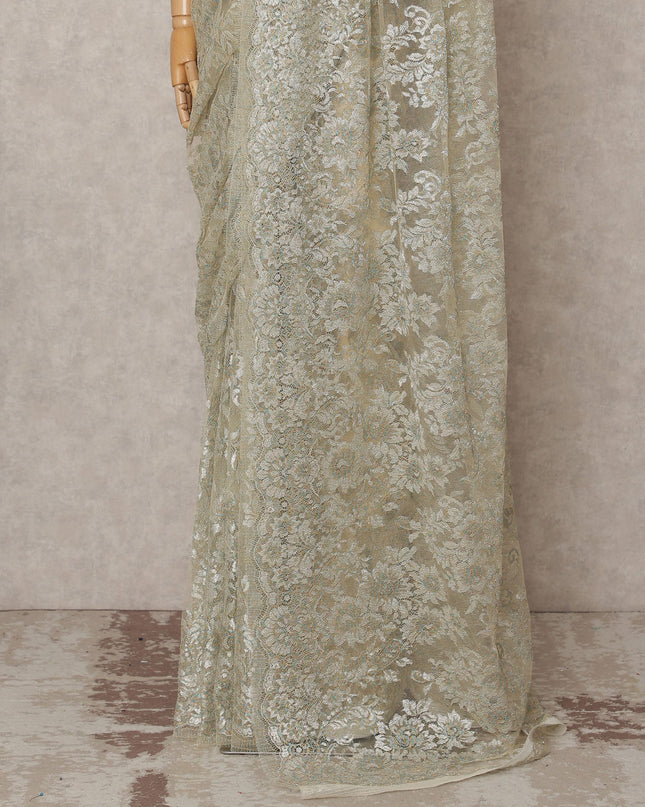 Olive Beige Premium French Metallic Chantilly Lace Saree, 5.5 Mtrs with 110 Cms Width, Imported from France-D25419 Regal Fabrics
