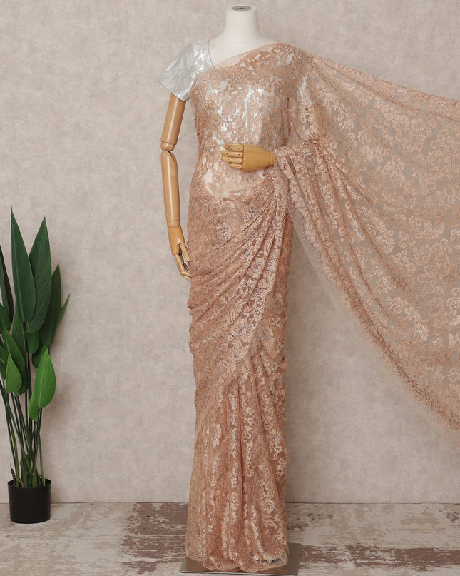 Peach Premium French 2-Tone Chantilly Lace Saree with Stonework, 5.5 Mtrs with 110 Cms Width, Imported from France-D25421 Regal Fabrics