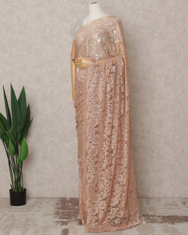 Peach Premium French 2-Tone Chantilly Lace Saree with Stonework, 5.5 Mtrs with 110 Cms Width, Imported from France-D25421 Regal Fabrics