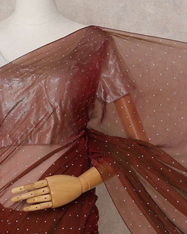 Maroon Premium Pure Silk Chiffon Saree with Stone Work, 5.5 Mtrs with 110 Cms Width, Imported from South Korea-D25437
