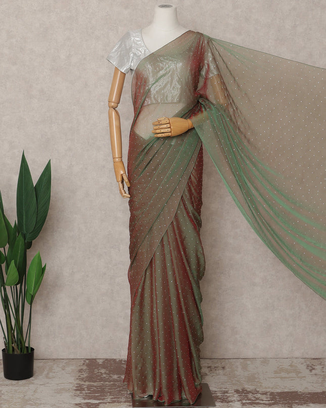 Olive Green Premium Pure Silk Chiffon Saree with Stone Work, 5.5 Mtrs with 110 Cms Width, Imported from South Korea-D25438