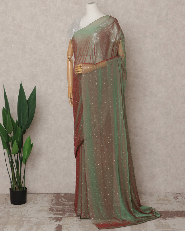 Olive Green Premium Pure Silk Chiffon Saree with Stone Work, 5.5 Mtrs with 110 Cms Width, Imported from South Korea-D25438