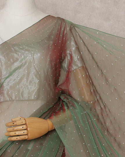 Olive Green Premium Pure Silk Chiffon Saree with Stone Work, 5.5 Mtrs with 110 Cms Width, Imported from South Korea-D25438