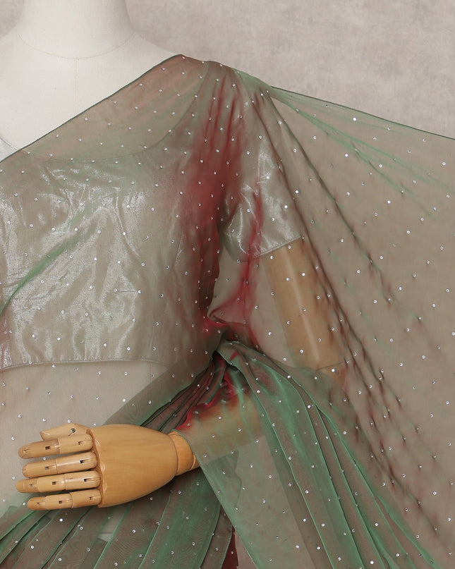 Olive Green Premium Pure Silk Chiffon Saree with Stone Work, 5.5 Mtrs with 110 Cms Width, Imported from South Korea-D25438