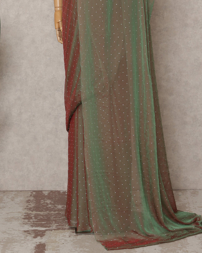 Olive Green Premium Pure Silk Chiffon Saree with Stone Work, 5.5 Mtrs with 110 Cms Width, Imported from South Korea-D25438