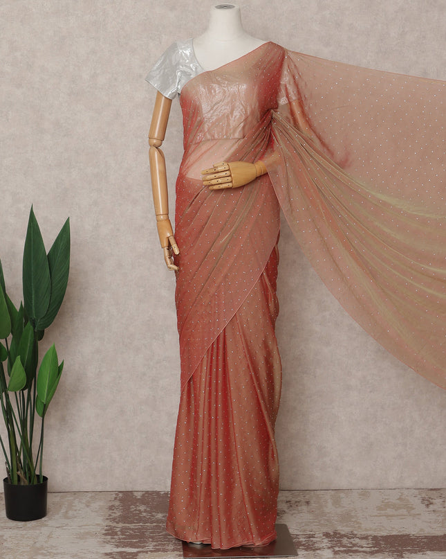 Peach Premium Pure Silk Chiffon Saree with Stone Work, 5.5 Mtrs with 110 Cms Width, Imported from South Korea-D25439
