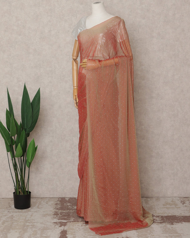 Peach Premium Pure Silk Chiffon Saree with Stone Work, 5.5 Mtrs with 110 Cms Width, Imported from South Korea-D25439
