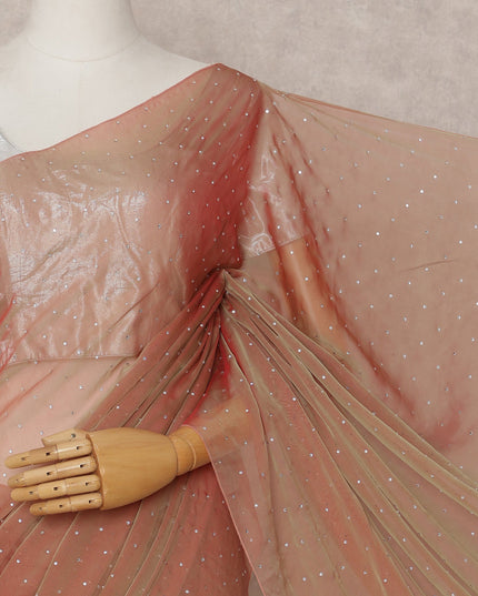 Peach Premium Pure Silk Chiffon Saree with Stone Work, 5.5 Mtrs with 110 Cms Width, Imported from South Korea-D25439