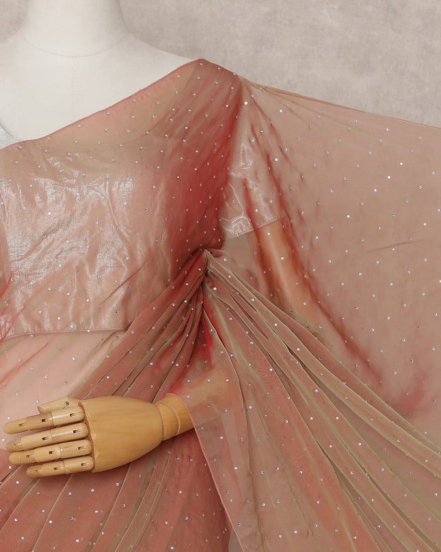 Peach Premium Pure Silk Chiffon Saree with Stone Work, 5.5 Mtrs with 110 Cms Width, Imported from South Korea-D25439