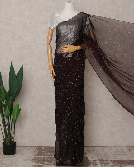 Chocolate Brown Premium Pure Silk Chiffon Saree with Stone Work, 5.5 Mtrs with 110 Cms Width, Imported from South Korea-D25440