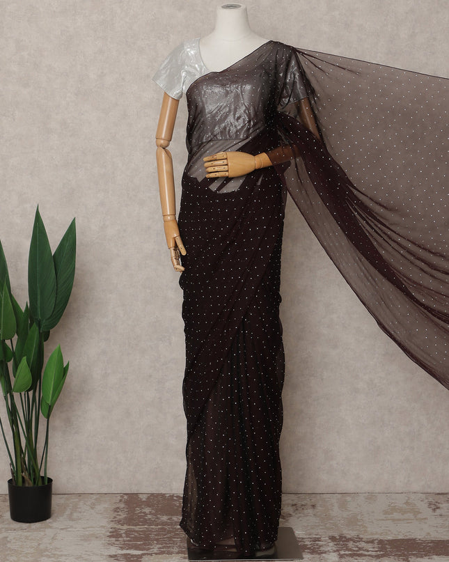 Chocolate Brown Premium Pure Silk Chiffon Saree with Stone Work, 5.5 Mtrs with 110 Cms Width, Imported from South Korea-D25440