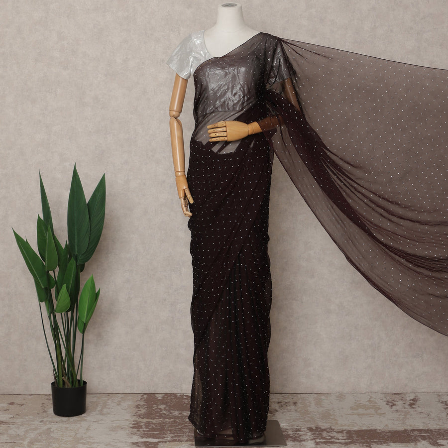 Chocolate Brown Premium Pure Silk Chiffon Saree with Stone Work, 5.5 Mtrs with 110 Cms Width, Imported from South Korea-D25440