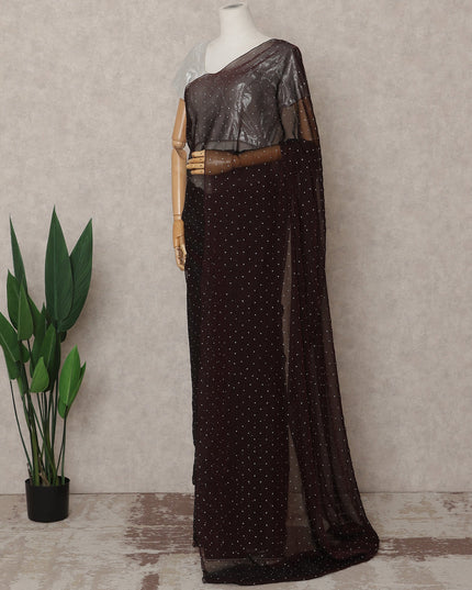 Chocolate Brown Premium Pure Silk Chiffon Saree with Stone Work, 5.5 Mtrs with 110 Cms Width, Imported from South Korea-D25440
