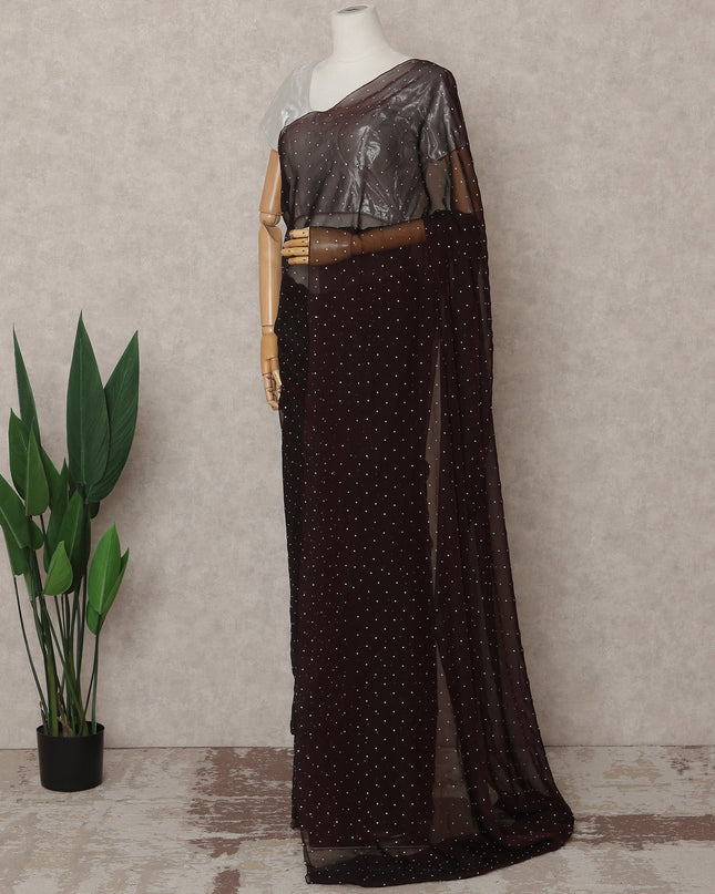 Chocolate Brown Premium Pure Silk Chiffon Saree with Stone Work, 5.5 Mtrs with 110 Cms Width, Imported from South Korea-D25440