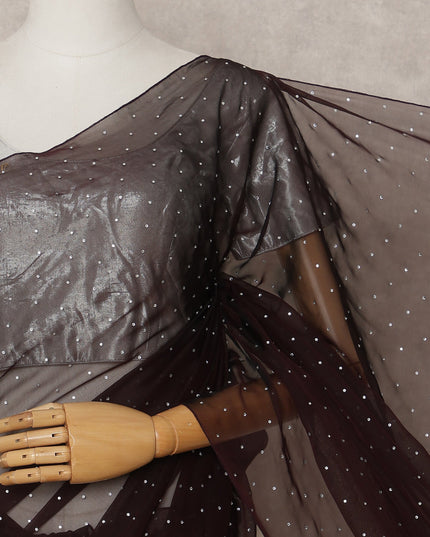 Chocolate Brown Premium Pure Silk Chiffon Saree with Stone Work, 5.5 Mtrs with 110 Cms Width, Imported from South Korea-D25440