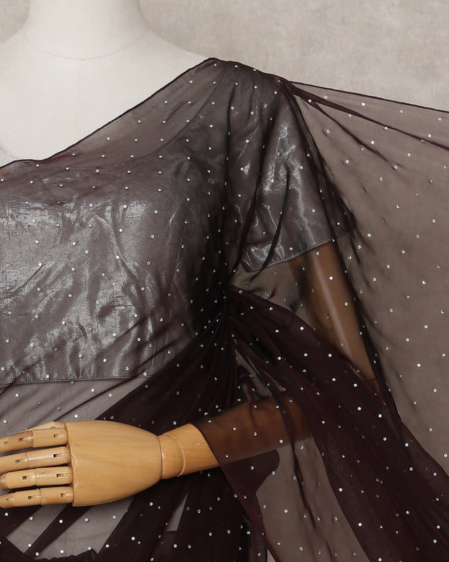 Chocolate Brown Premium Pure Silk Chiffon Saree with Stone Work, 5.5 Mtrs with 110 Cms Width, Imported from South Korea-D25440