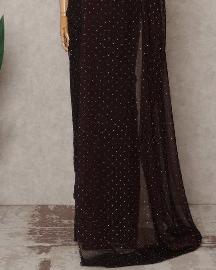 Chocolate Brown Premium Pure Silk Chiffon Saree with Stone Work, 5.5 Mtrs with 110 Cms Width, Imported from South Korea-D25440