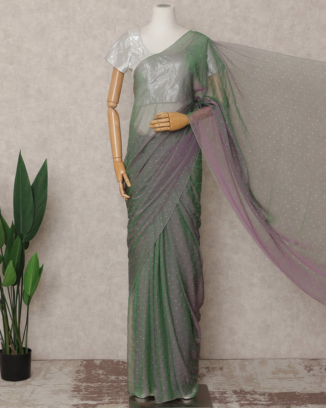Green Lavender Premium Pure Silk Chiffon Saree with Stone Work, 5.5 Mtrs with 110 Cms Width, Imported from South Korea-D25441