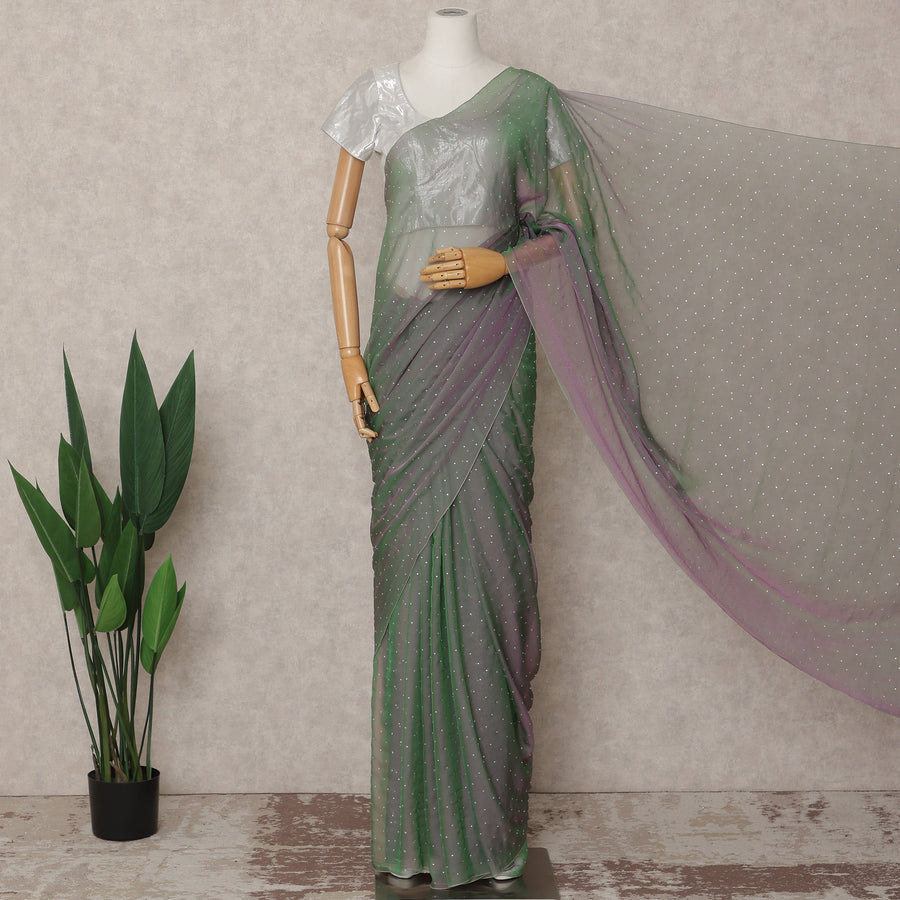Green Lavender Premium Pure Silk Chiffon Saree with Stone Work, 5.5 Mtrs with 110 Cms Width, Imported from South Korea-D25441