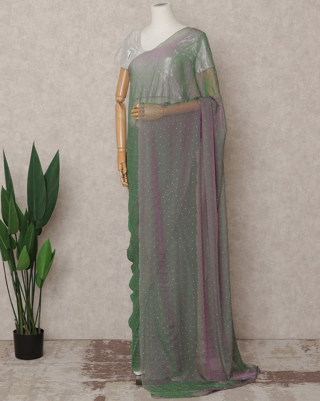 Green Lavender Premium Pure Silk Chiffon Saree with Stone Work, 5.5 Mtrs with 110 Cms Width, Imported from South Korea-D25441