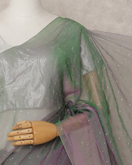 Green Lavender Premium Pure Silk Chiffon Saree with Stone Work, 5.5 Mtrs with 110 Cms Width, Imported from South Korea-D25441