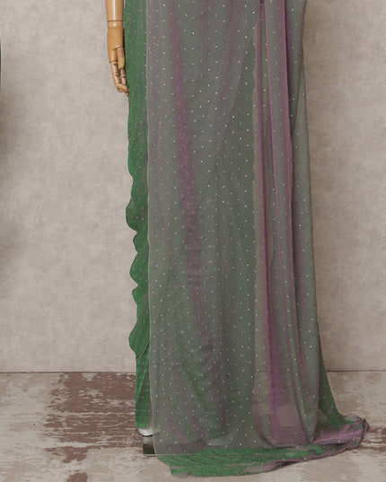 Green Lavender Premium Pure Silk Chiffon Saree with Stone Work, 5.5 Mtrs with 110 Cms Width, Imported from South Korea-D25441