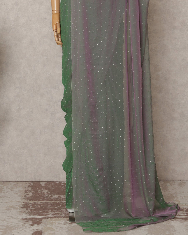 Green Lavender Premium Pure Silk Chiffon Saree with Stone Work, 5.5 Mtrs with 110 Cms Width, Imported from South Korea-D25441