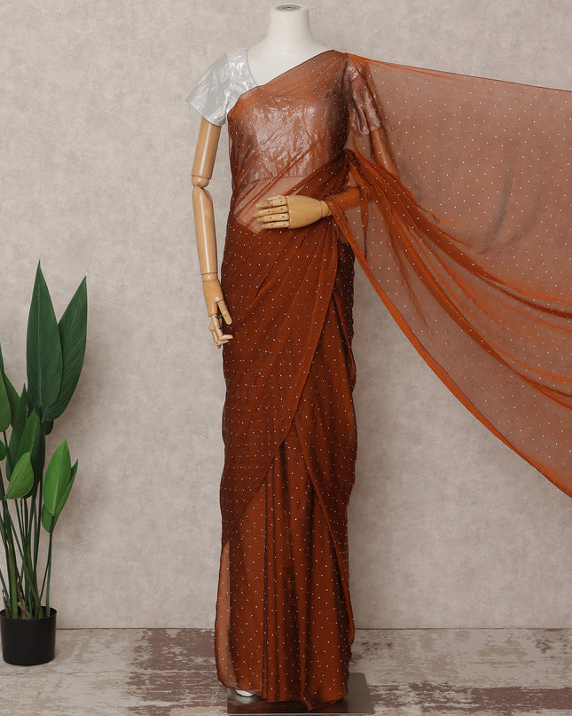 Rust Premium Pure Silk Chiffon Saree with Stone Work, 5.5 Mtrs with 110 Cms Width, Imported from South Korea-D25442