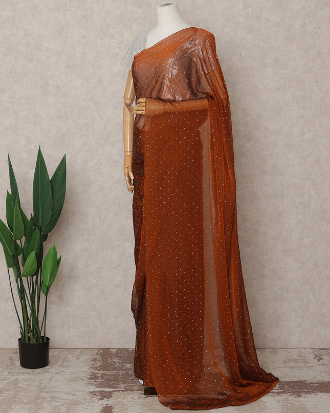 Rust Premium Pure Silk Chiffon Saree with Stone Work, 5.5 Mtrs with 110 Cms Width, Imported from South Korea-D25442