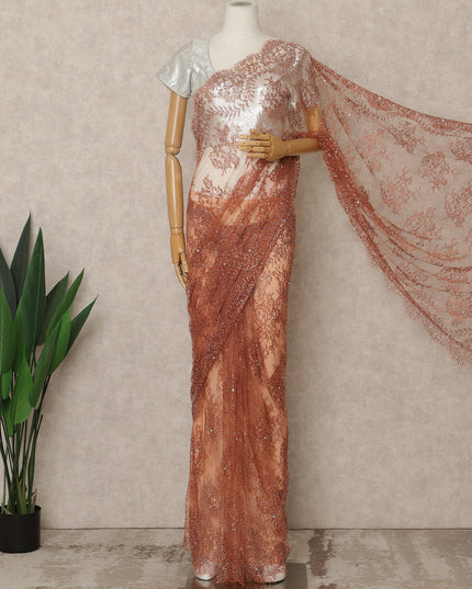 Copper Rose Premium French Metallic Chantilly Saree Lace with Stone Work 5.5 Mtrs Length, Width 110 Cms and Made in France-D27172