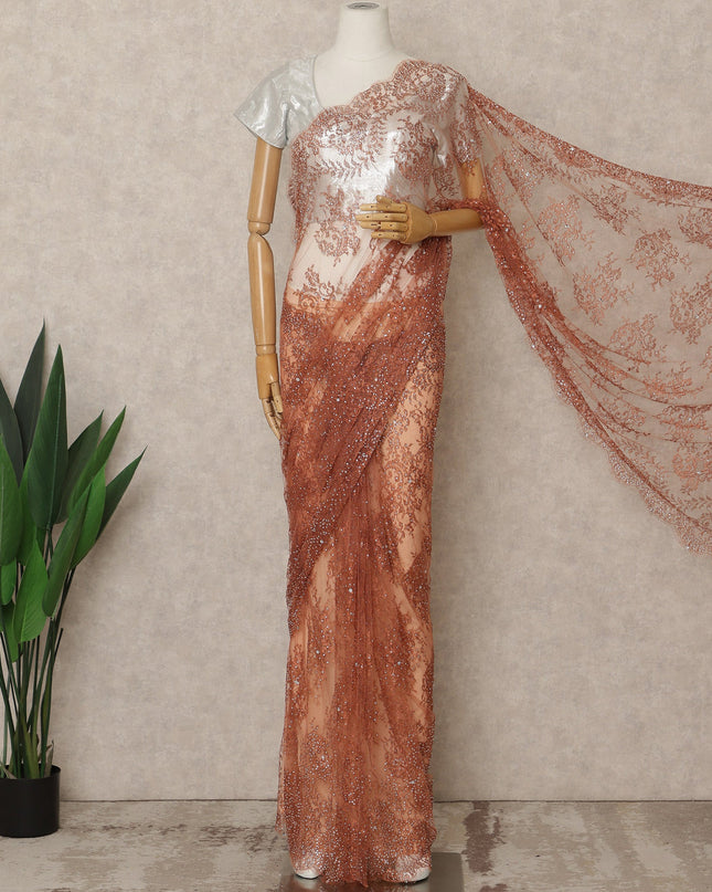 Copper Rose Premium French Metallic Chantilly Saree Lace with Stone Work 5.5 Mtrs Length, Width 110 Cms and Made in France-D27172
