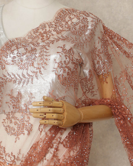 Copper Rose Premium French Metallic Chantilly Saree Lace with Stone Work 5.5 Mtrs Length, Width 110 Cms and Made in France-D27172