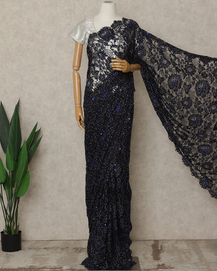 Midnight Black Premium French Chantilly Saree Lace with Stone Work 5.5 Mtrs Length, Width 110 Cms and Made in France-D27179