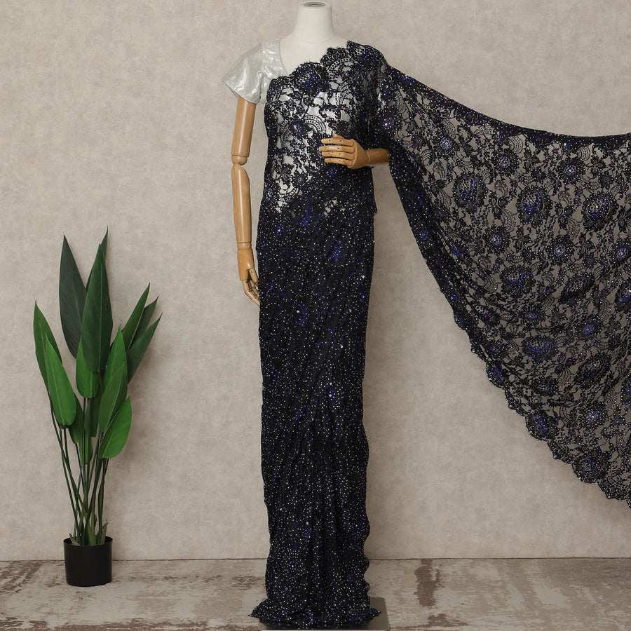 Midnight Black Premium French Chantilly Saree Lace with Stone Work 5.5 Mtrs Length, Width 110 Cms and Made in France-D27179