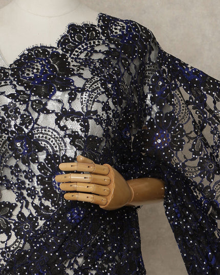 Midnight Black Premium French Chantilly Saree Lace with Stone Work 5.5 Mtrs Length, Width 110 Cms and Made in France-D27179