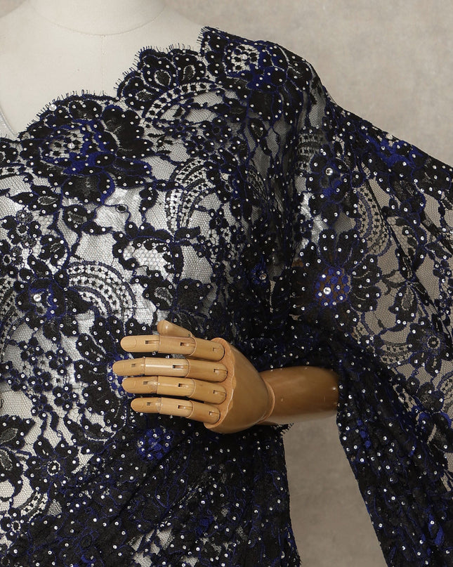Midnight Black Premium French Chantilly Saree Lace with Stone Work 5.5 Mtrs Length, Width 110 Cms and Made in France-D27179