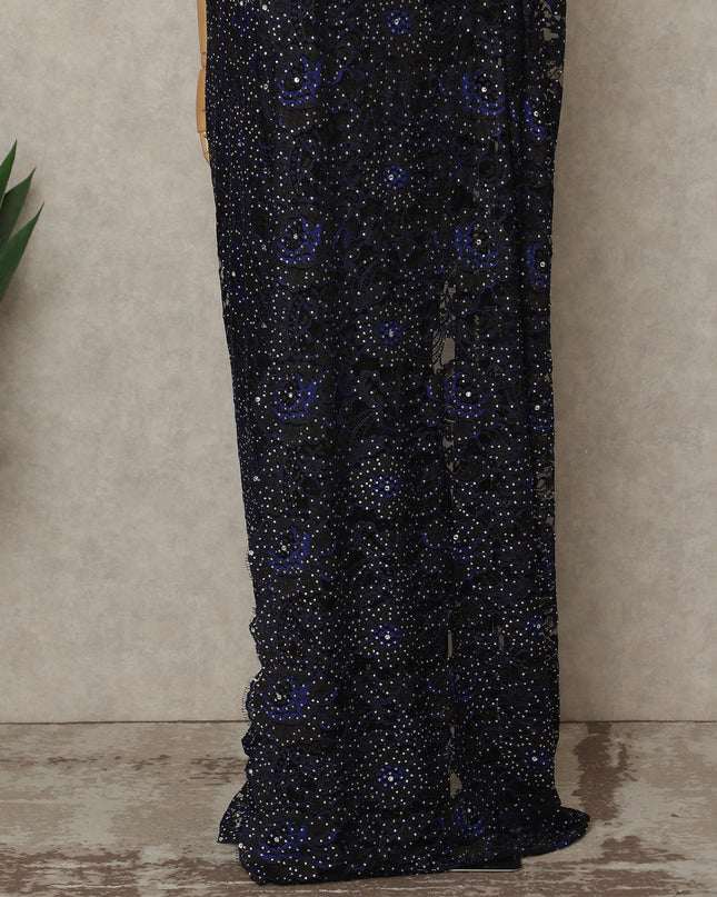 Midnight Black Premium French Chantilly Saree Lace with Stone Work 5.5 Mtrs Length, Width 110 Cms and Made in France-D27179