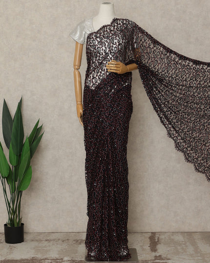 Wine Black Premium French Chantilly Saree Lace with Stone Work 5.5 Mtrs Length, Width 110 Cms and Made in France-D27180